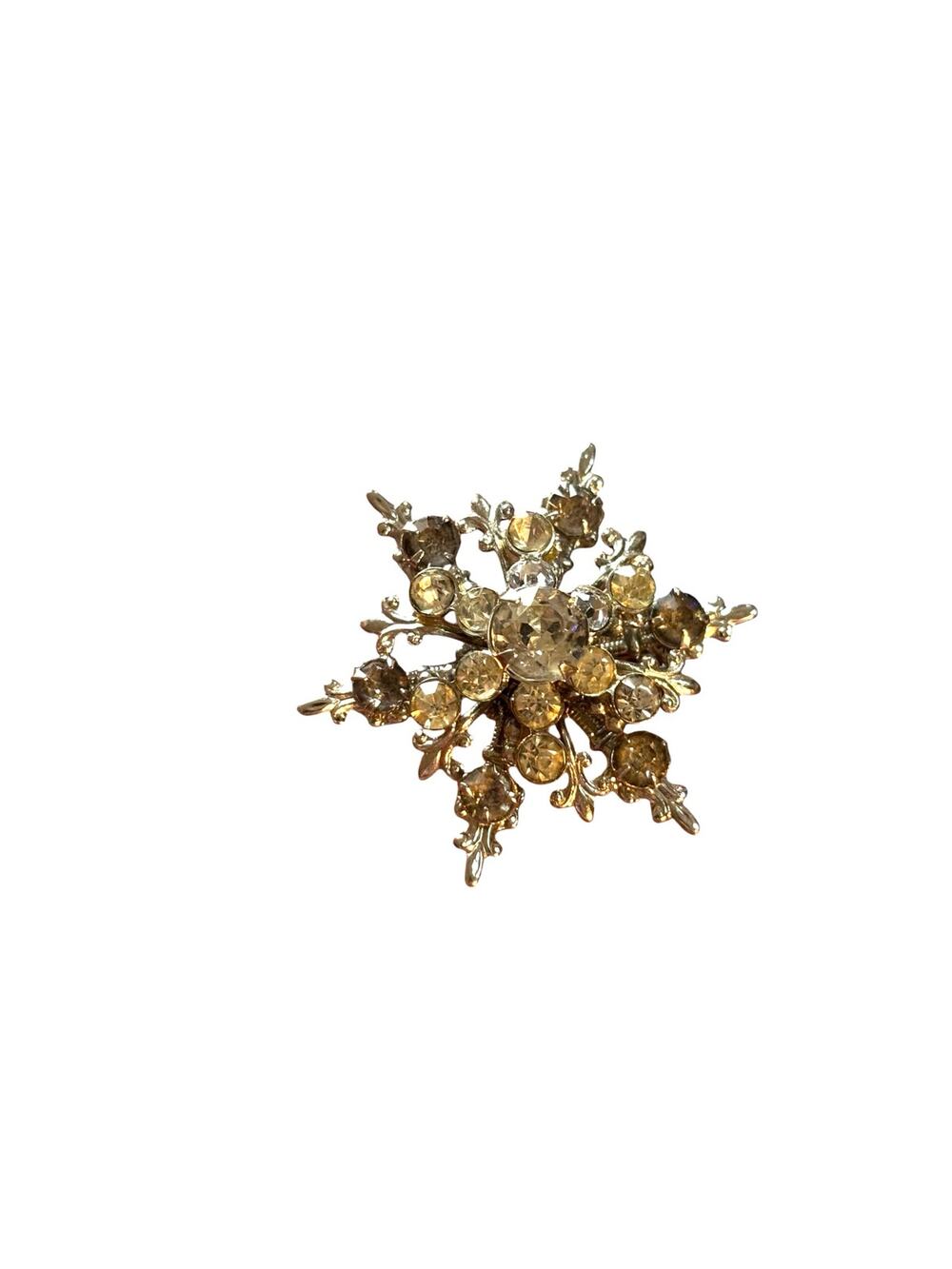 Vintage Starburst Rhinestone Brooch Gold Tone Champagne Smoky Crystal Snowflake